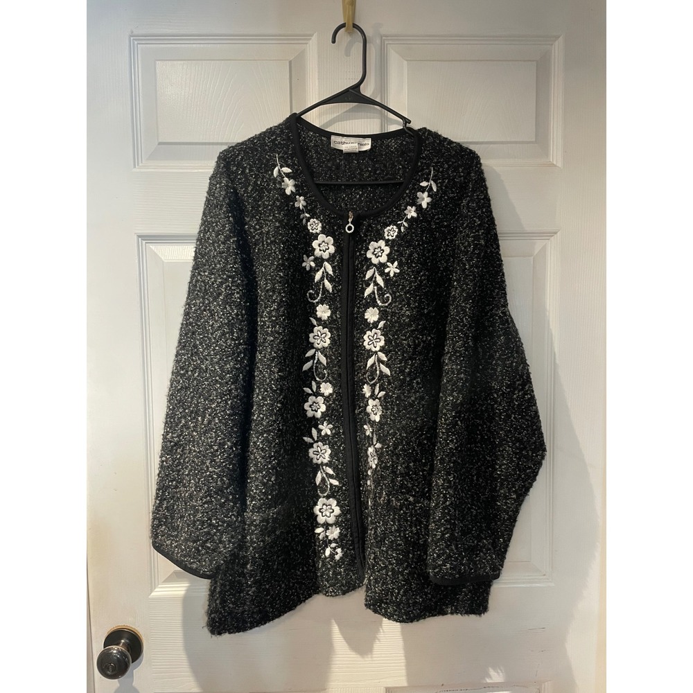 Cathy Daniels Womens 3X Black Boucle Floral Embroidered Zip Cardigan Sweater